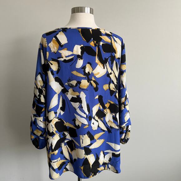 Ashley Stewart Geometric Career Work Wear Blouse Blue Tiered Sleeves 14/16W - Picture 7 of 8